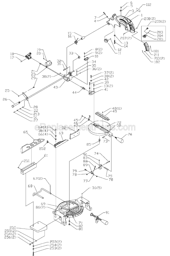 Page A Diagram and Parts List for 3700L  Porter Cable Miter Saw